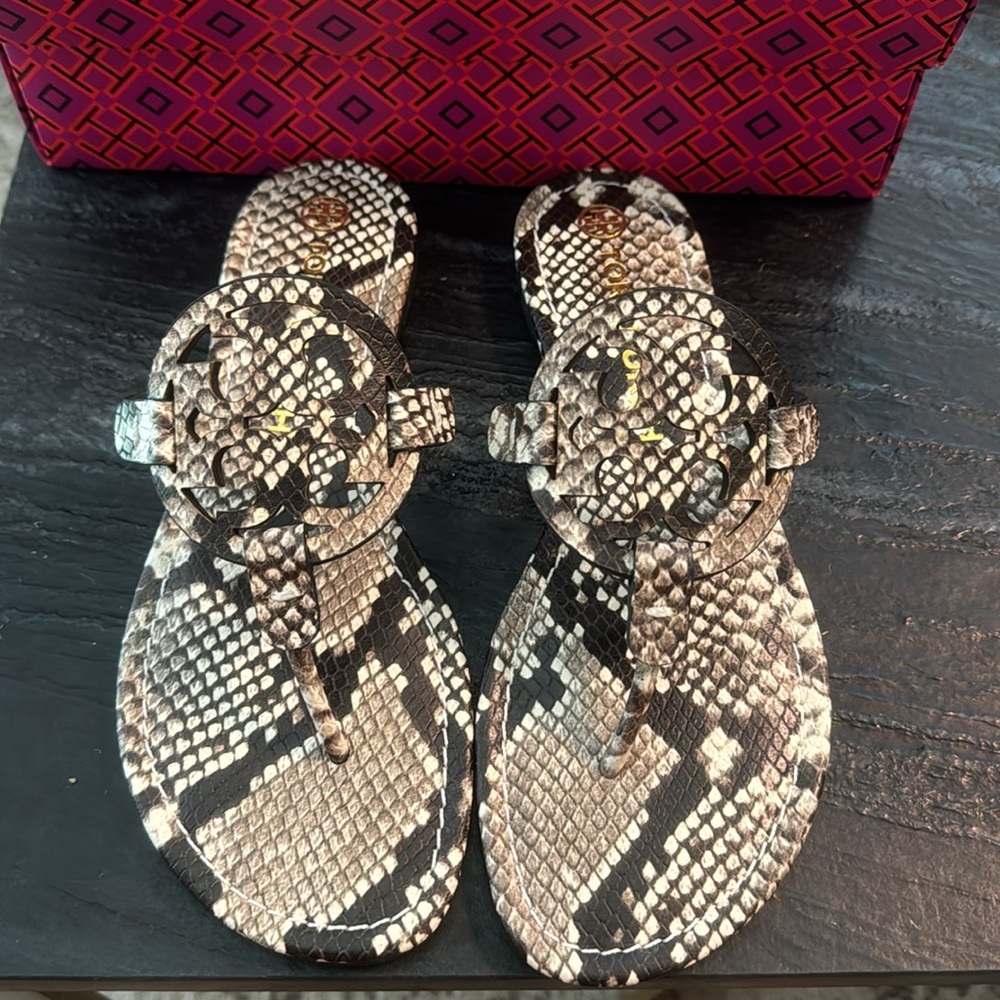 Tory Burch Miller Stamped Snake Printed Leather Sandals NWT